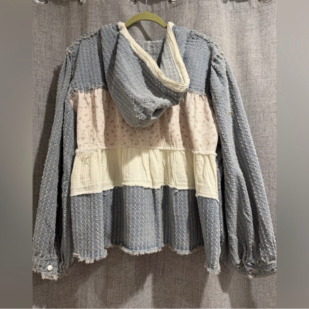 POL Eyelet Knit Top in Light Blue Jean and Cream - Picture 2 of 4